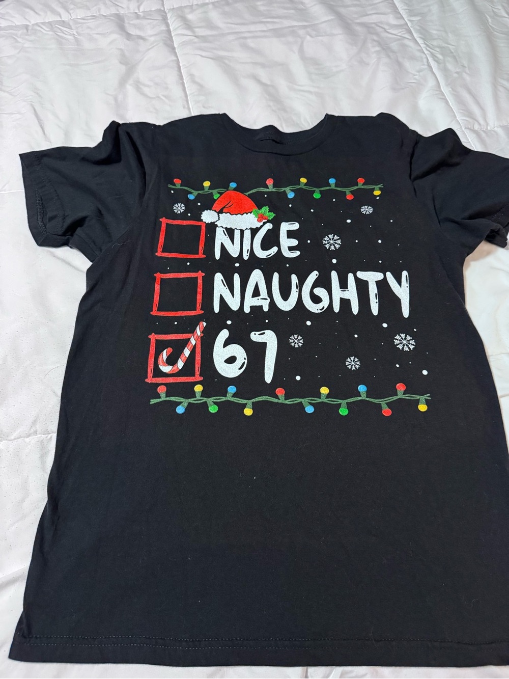 Amazon Black 'Nice Naughty' Holiday Graphic Tee with Multicolor Lights